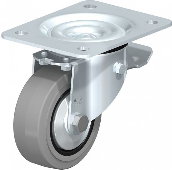 Blickle LK-POEV 100R-3-ST-SG-FA Stahlblech-Lenkrolle, schwere Ausführung, mit Anschraubplatte & Feststeller, Elastik-Vollgummi, Grau, 467779