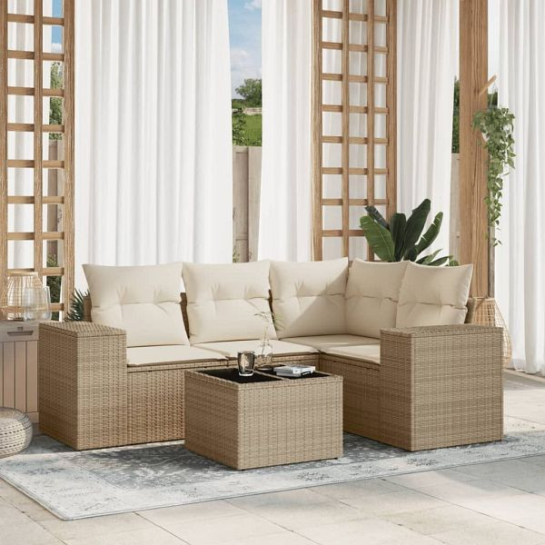 vidaXL 5-teilig Garten-Sofagarnitur mit Kissen Beige Poly Rattan, 3254855