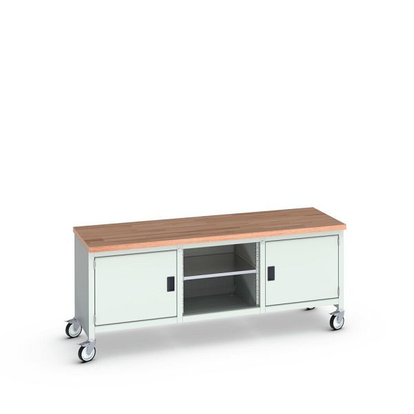 bott cubio Kastenwerkbank mobil, 2 Türen, 3 Ablagen, Rotbuche-Arbeitsplatte, BxTxH: 2000x750x840mm, RAL 7035/7035, Lichtgrau, 41002119.16V