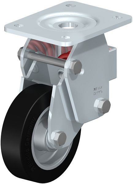 Blickle BHF-ALEV 125K-3 Stahlblech-Bockrolle, Schwerlast-Ausführung, mit Stahlfeder, Elastik-Vollgummi, Schwarz, 605725