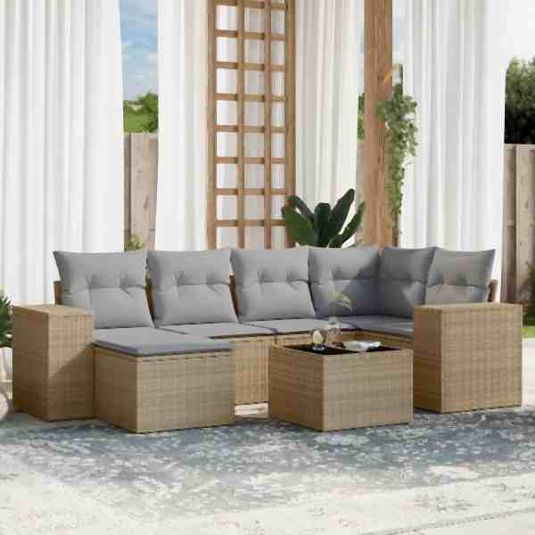 vidaXL 7-tlg. Garten-Sofagarnitur mit Kissen Beige Poly Rattan, UV-beständig, 3222868
