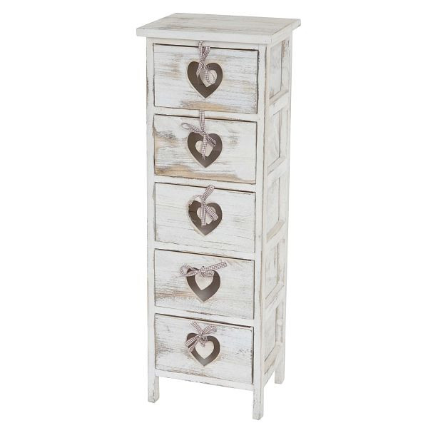 Mendler Kommode Forli, Schubladenkommode Schrank, 5 Schubladen mit Herzen 86x29x25cm, Shabby-Look, Vintage, weiß, 36714