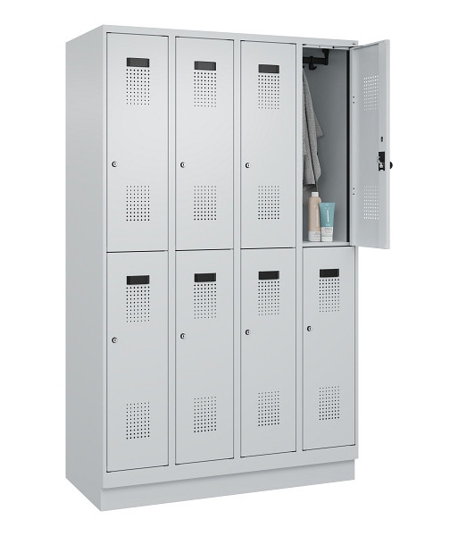 C+P Doppelstöckiger Spind Evolo PLUS, mit Sockel, 8 Fächer, 1950x1200x500mm, 703, Frontfarbe RAL 7035 Lichtgrau, Zylinderschloss, 049320-40 S10040