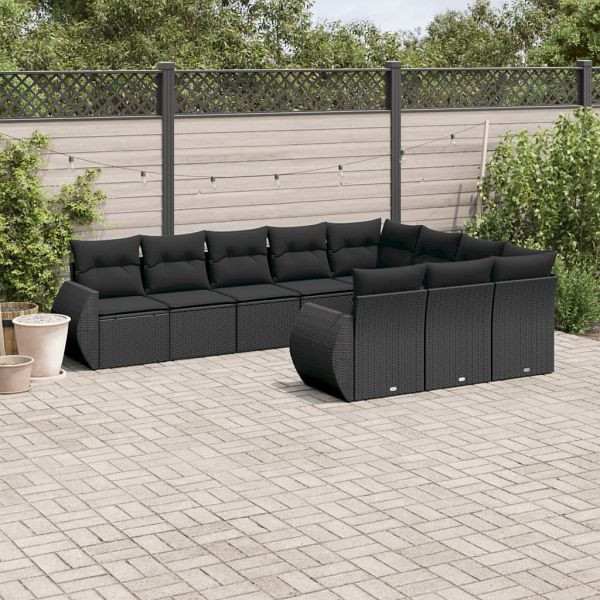 vidaXL 10-teilig Garten-Sofagarnitur mit Kissen Schwarz Poly Rattan, 3221884