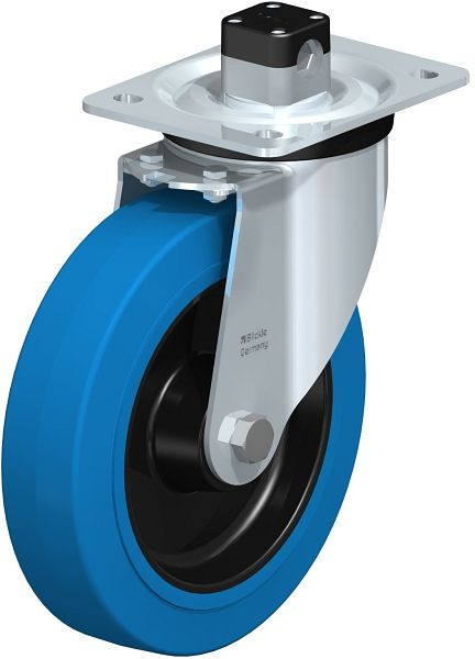 Blickle L-POEV 200XR-CS11-SB Stahlblech-Lenkrolle, mittelschwere Ausführung, mit Anschraubplatte & Zentralfeststeller, Elastik-Vollgummi, Blau, 850732