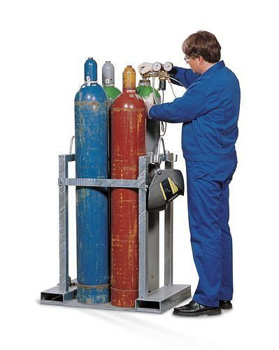 DENIOS Gasflaschentransportgestell GFT-S 4 aus Stahl, für 4 Flaschen, mit Schutzbügel, 119227