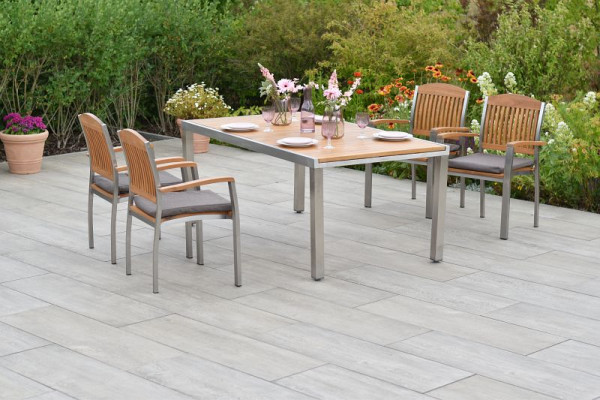 Merxx Keros Set 9-teilig, 4 Stapelsessel, 4 Auflagen, braun, 1 Ausziehtisch, 180 (240) x 100 cm, Edelstahl mit FSC Akazienholz, 50853-602