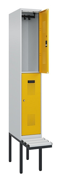 C+P Doppelstock-Spind Evolo PLUS, Bank, 2 Fächer, 2120x300x815mm, 7035/1004, Zylinderschloss, Sitzfläche Kunststoff, 0493407-10 S10108