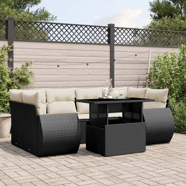 vidaXL 7-tlg. Garten-Sofagarnitur mit Kissen Schwarz Poly Rattan, UV-beständig, 3268386