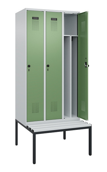 C+P Spind Evolo PLUS, 3 Abteile, 2120x900x815mm, 7035/6011, Haken 4, Drehriegel, Sitzfläche Kunststoff, Sitzbank, 0490507-30F S10064