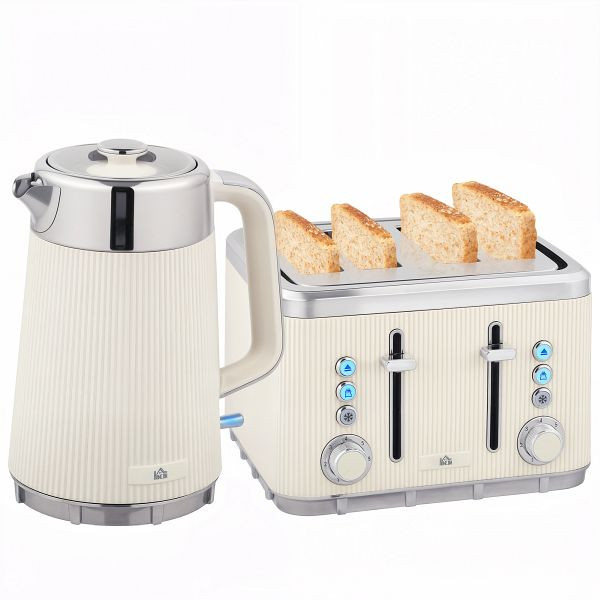 HOMCOM 2200W, 1,7L Wasserkocher mit Schnellkochfunktion, Entkalkungsfilter und 4-Scheiben-Toaster mit 7 Bräunungsstufen, Creme, 800-266V90CW