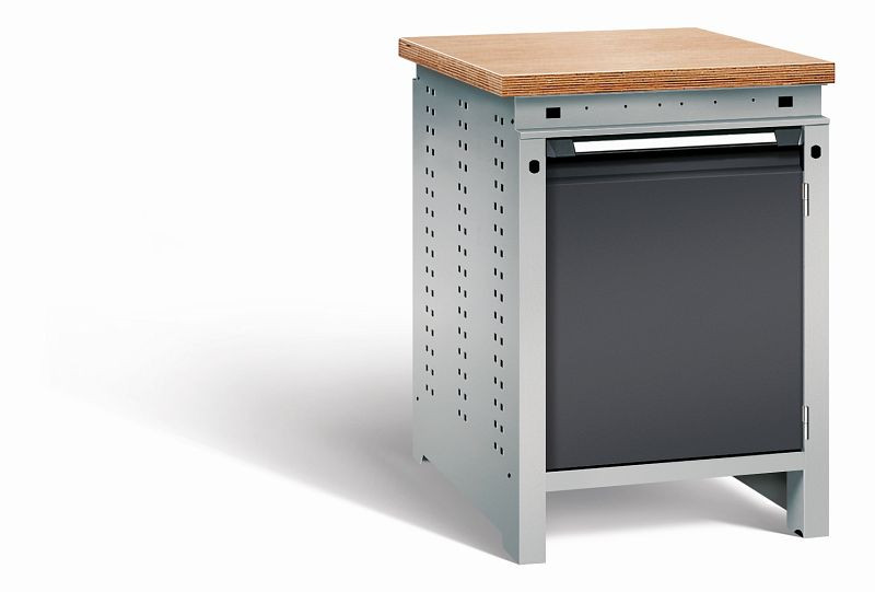Otto Kind Werkbank Serie function Typ 104, Multiplexplatte 40 mm, bündig, 1Tür 570 mm, 1 Ablageboden, Gehäuse RAL 9006, Front RAL 9005, 07232113N