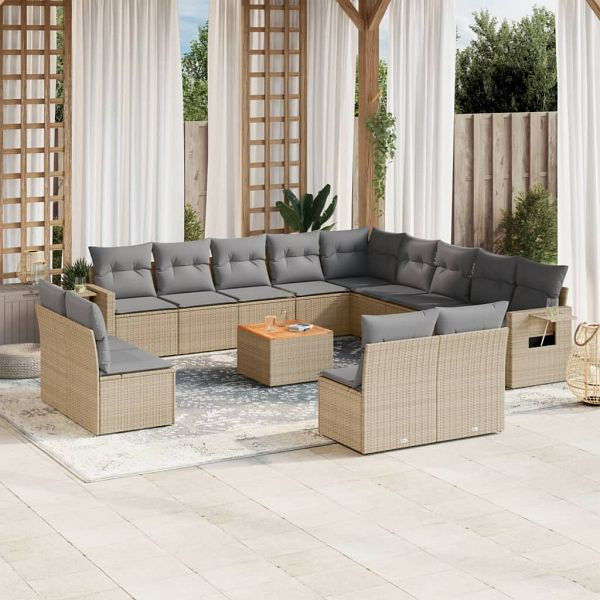 vidaXL 14-teilig Garten-Sofagarnitur mit Kissen Beige Poly Rattan, 3224820