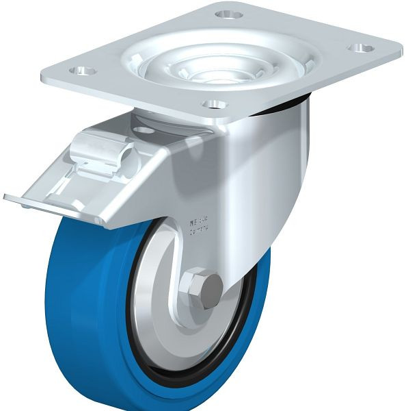 Blickle LK-POEV 125KD-3-FI-SB-FA Stahlblech-Lenkrolle, schwere Ausführung, mit Anschraubplatte & Feststeller, Elastik-Vollgummi, Blau, 851156