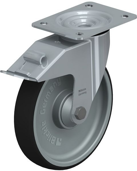 Blickle LE-PATH 200K-FI Stahlblech-Lenkrolle mit Anschraubplatte & Feststeller, Thermoplastisches Polyurethan, Grau, 846992