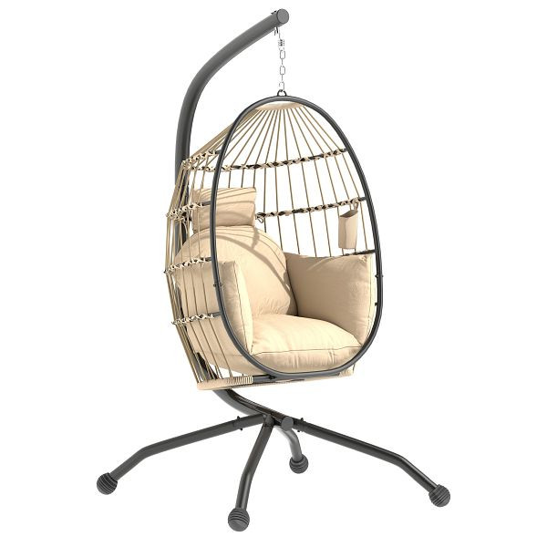 Outsunny Hängender Outdoor-Schaukelstuhl mit faltbarem Korbsitz und dicken Kissen, Ständer, Kopfstütze, Becherhalter, Khaki, 84A-345V00KK