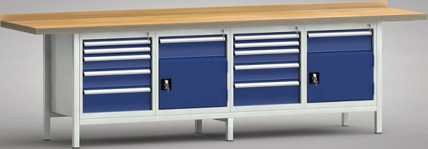 KLW Profi-Werkbank - 3000 x 700 x 905 mm L x T x H (ERGO-Version), links 2x50EA/100EA/125EA/175EA, rechts 150EA/Türe, WP427E-3000M45-E1652
