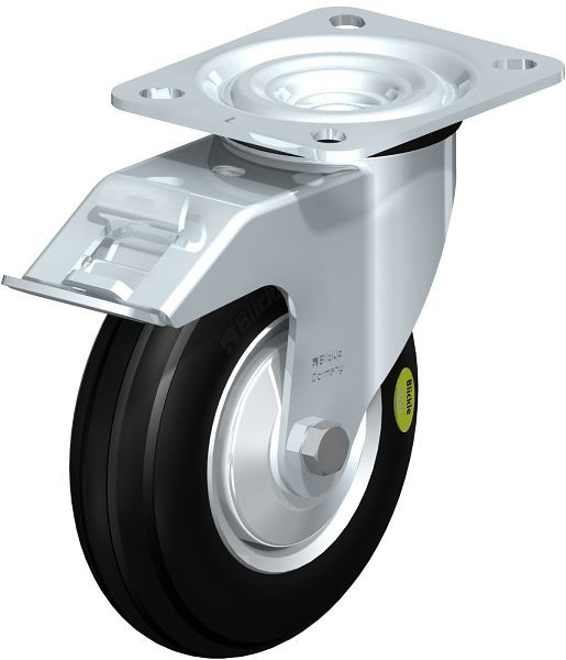 Blickle L-VW 125R-FI-FA Stahlblech-Lenkrolle, mittelschwere Ausführung, mit Anschraubplatte & Feststeller, Weichgummi, Schwarz, 749556