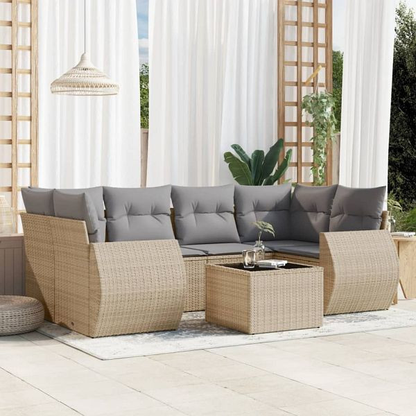 vidaXL 7-teilig Garten-Sofagarnitur mit Kissen Beige Poly Rattan, 3221118