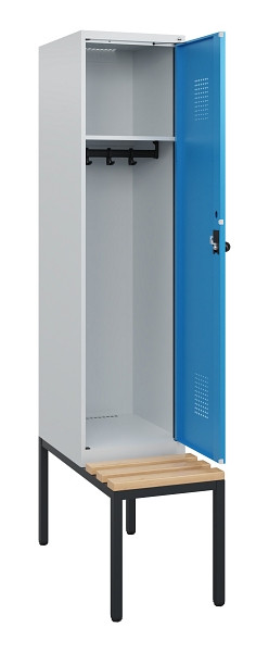 C+P Spind Evolo PLUS, 1 Abteil, 1950x400x815mm, 7035/5012, Drehriegel, Sitzfläche Holz, Sitzbank, 0490505-12 S10007