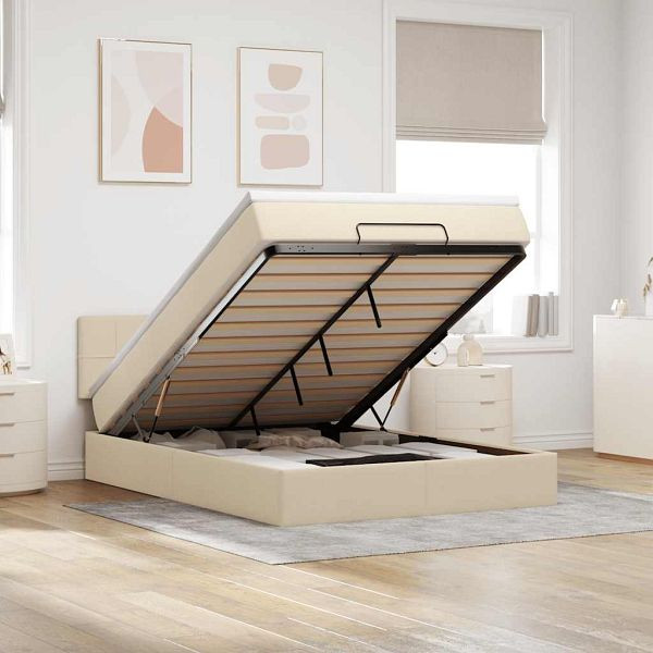 vidaXL Ottomane Bett mit Matratze & LEDs Creme 140x190 cm Stoff, 3312310