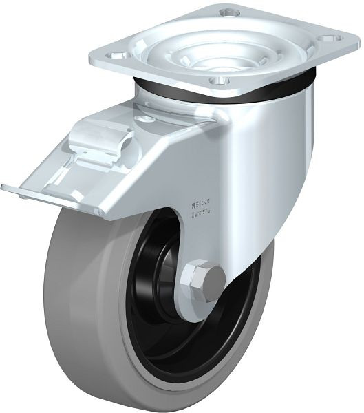 Blickle LK-POEV 125K-1-FI-SG Stahlblech-Lenkrolle, schwere Ausführung, mit Anschraubplatte & Feststeller, Elastik-Vollgummi, Grau, 646653