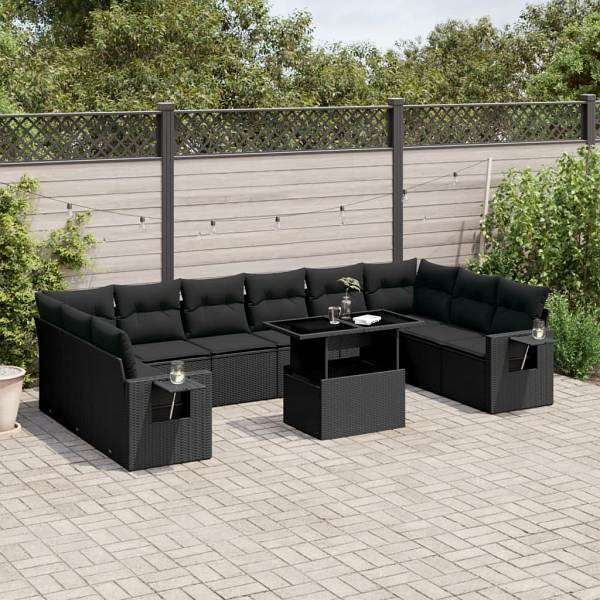 vidaXL 11-tlg. Garten-Sofagarnitur mit Kissen Schwarz Poly Rattan, UV-beständig, 3268145