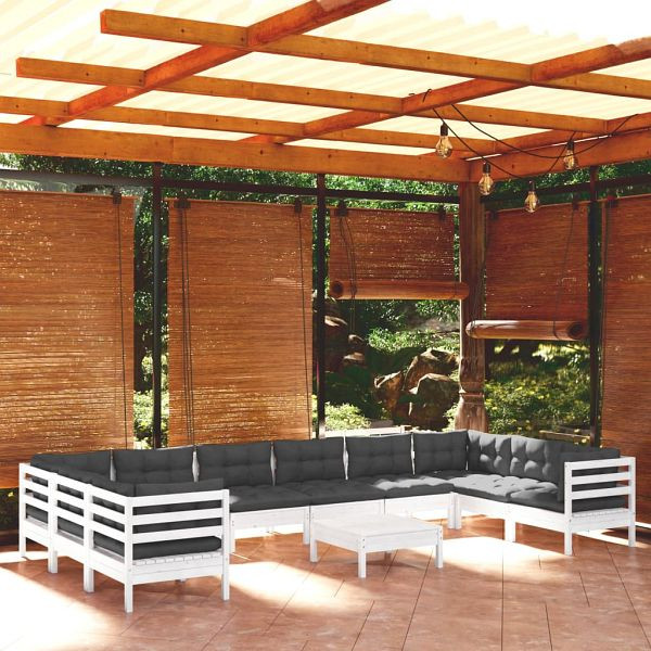 vidaXL 11-teilig Garten-Lounge-Set mit Kissen Weiß Kiefernholz, 3097338