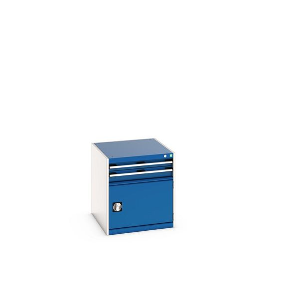 bott cubio Schubladenschrank bestückt, mit 2 Schubladen, Tür, BxTxH: 650x750x700mm, RAL 7035/5010, Enzianblau, 40027001.11V