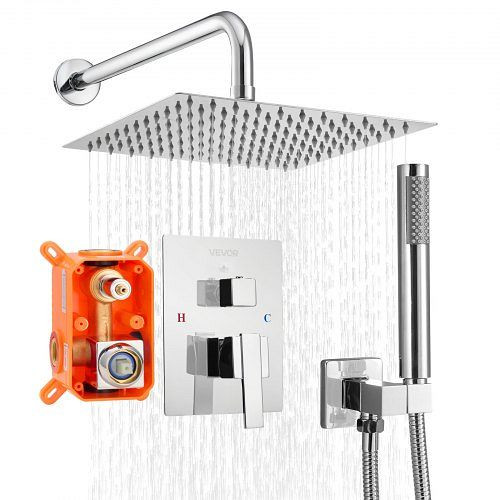 VEVOR Duscharmatur Regenduschsystem, 254 mm quadratischer Regenduschkopf & Handbrause, Messingventil, Silberchrom, BGSAZDPHSZHDQ4SC5001V0