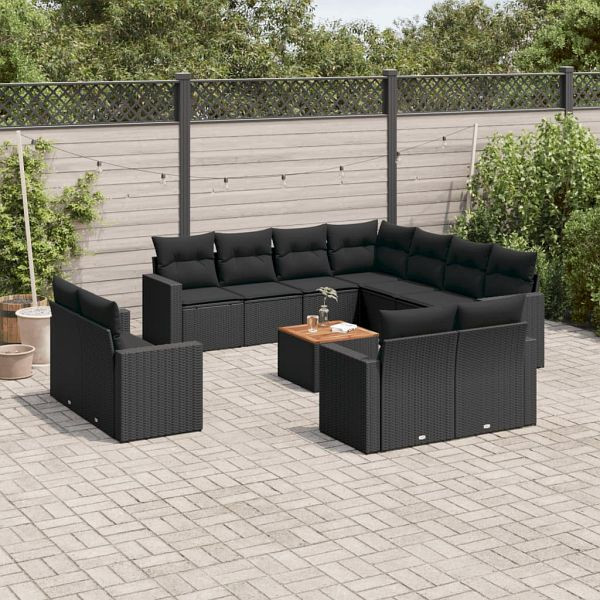vidaXL 12-teilig Garten-Sofagarnitur mit Kissen Schwarz Poly Rattan, 3256713