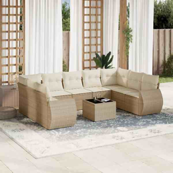 vidaXL 10-tlg. Garten-Sofagarnitur mit Kissen Beige Poly Rattan, UV-beständig, 3254145