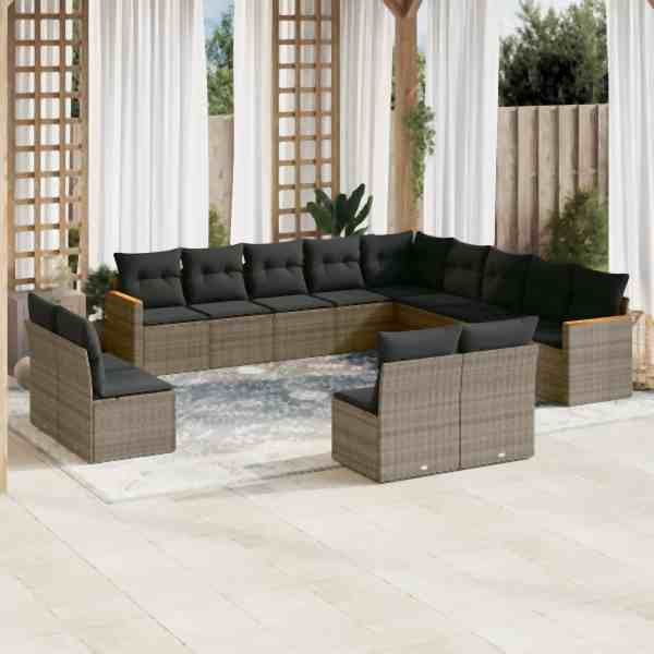 vidaXL 13-tlg. Garten-Sofagarnitur mit Kissen Grau Poly Rattan, UV-beständig, 3258889