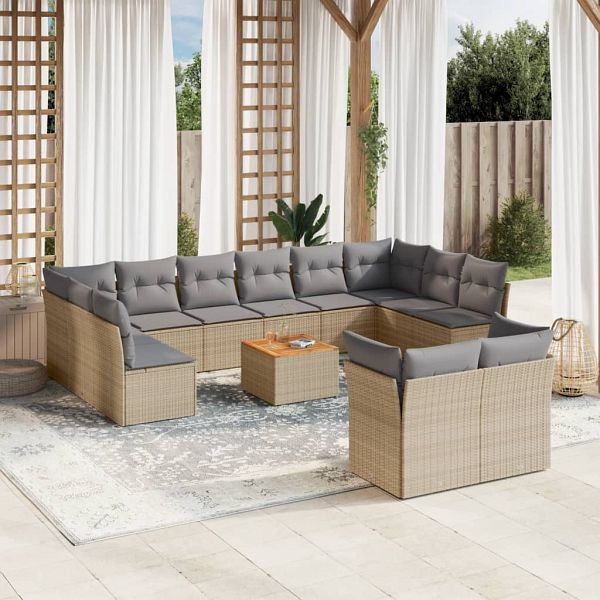 vidaXL 13-teilig Garten-Sofagarnitur mit Kissen Beige Poly Rattan, 3223917