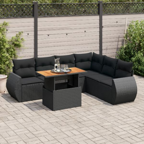 vidaXL 7-tlg. Garten-Sofagarnitur mit Kissen Schwarz Poly Rattan, 3327268