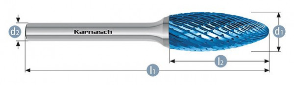 Karnasch Hartmetall-Frässtift Blue-Tec beschichtet Flamme/HP-3 d1= 20,0 / l2= 41 / d2= 6 / l1= 86mm, 115071045