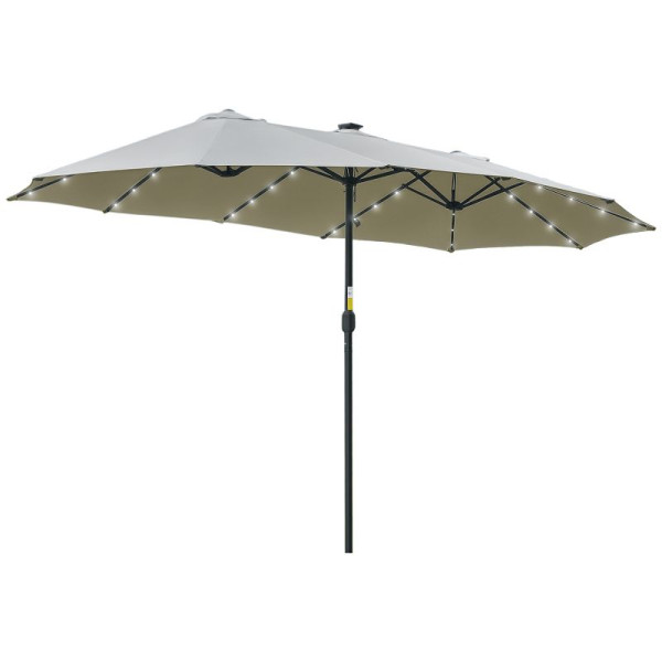 Outsunny Sonnenschirm mit LED Solar 4,5m Doppelsonnenschirm Gartenschirm Marktschirm Terrassenschirm Oval Hellgrau+Schwarz, 84D-178LG