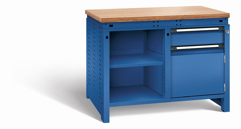 Otto Kind Werkbank Serie function Typ 211, Multiplexplatte 40 mm, bündig, 2x Unterbau, komplett RAL 5010, 072341113