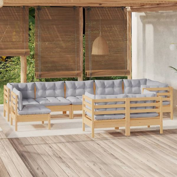 vidaXL 9-teilig Garten-Lounge-Set mit Grauen Kissen Kiefer Massivholz, 3096525