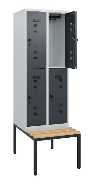 C+P Doppelstöckiger Spind Evolo PLUS, Bank, 4 Fächer, 1950x600x815mm, 7035/7016, Drehriegel, Sitzfläche Buche-Hartholz, Sitzbank, 0493505-20 S10012
