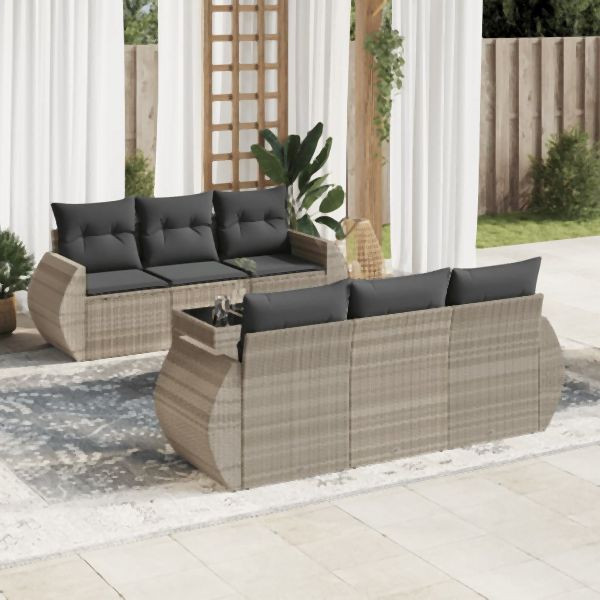 vidaXL 7-tlg. Garten-Sofagarnitur mit Kissen Hellgrau Poly Rattan, 3221111