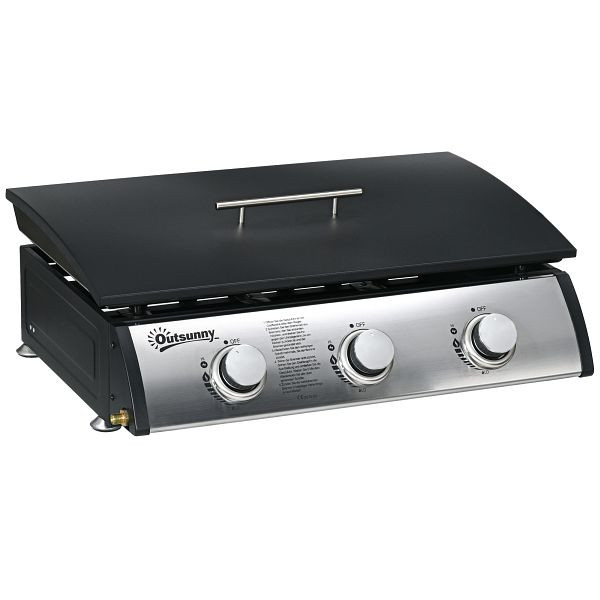 Outsunny Gasgrill mit Deckel, 3 Brennern, Fettauffangschale, antihaft-Platte, 63x47x25 cm, Schwarz/Silber, 846-128V90BK