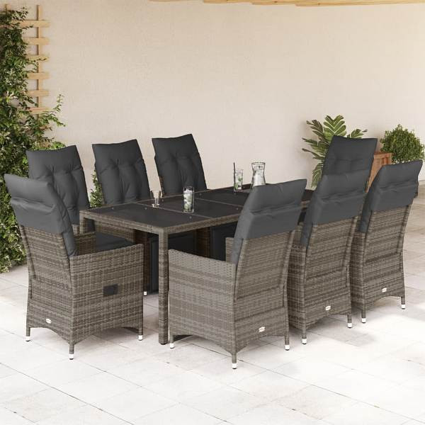 vidaXL 9-tlg. Garten-Bistro-Set mit Kissen Grau Poly Rattan, UV-beständig, 3276898