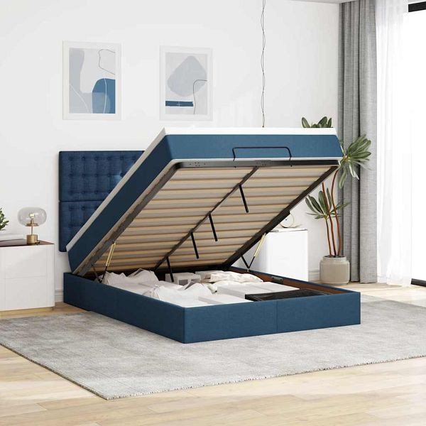 vidaXL Ottoman-Bett mit Matratze & LEDs Blau 140x200 cm Stoff, 3314182