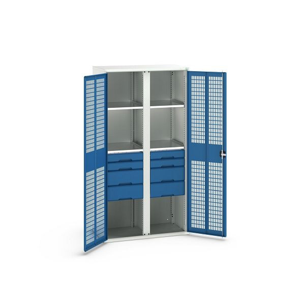 bott verso Garderobenschrank mit Belüftung, mit 4 Fachböden und 8 Schubladen, BxTxH: 1050 x550 x 2000 mm, Lichtgrau / Enzianblau, 16926778.11