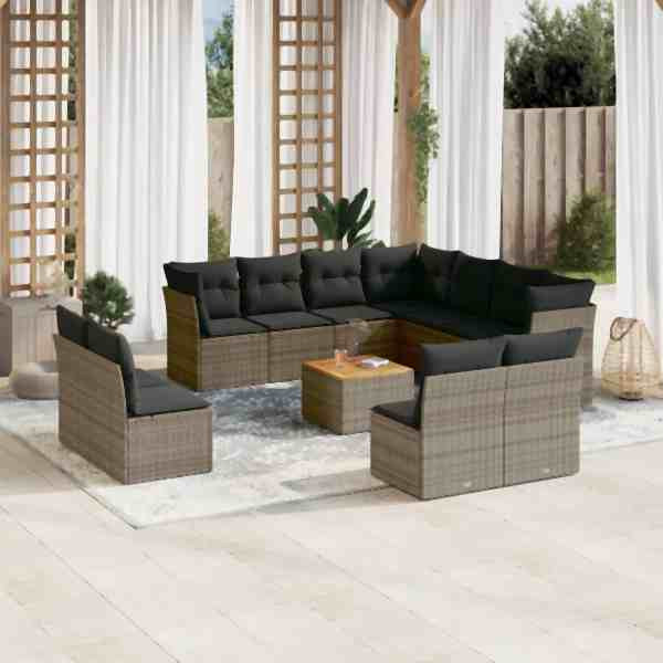 vidaXL 12-tlg. Garten-Sofagarnitur mit Kissen Grau Poly Rattan, UV-beständig, 3256039