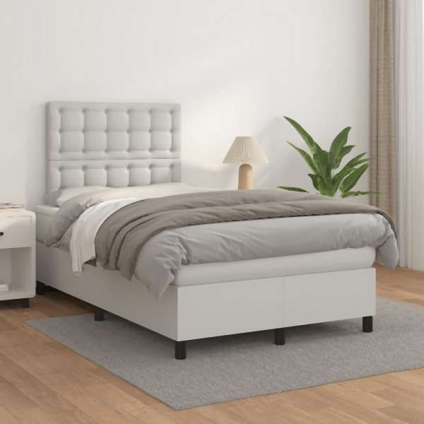 vidaXL Boxspringbett mit Matratze Weiß 120x200 cm Kunstleder, 3142834