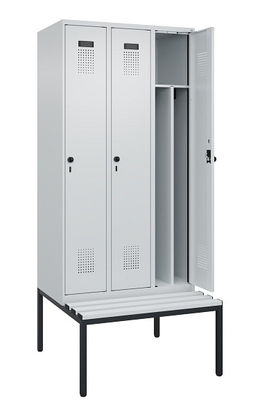 C+P Spind Evolo PLUS, 3 Abteile, 2120x900x815mm, 7035/7035, Haken 4, Drehriegel, Sitzfläche Kunststoff, Sitzbank, 0490507-30F S10067