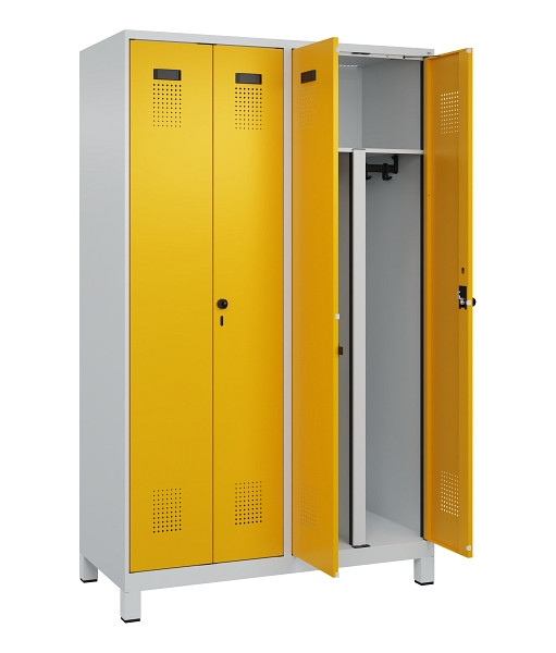 C+P PSA Schwarz-Weiß-Spind Evolo PLUS, mit Füßen, 4 Abteile, 1950x1200x500mm, 7, Frontfarbe RAL 1004 Goldgelb, Drehriegel, 049012-40P S10000