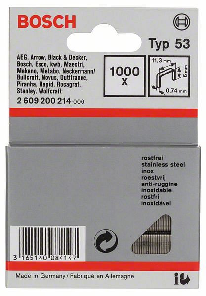 Bosch Feindrahtklammer Typ 53, 11,4 x 0,74 x 6 mm, 1000er-Pack, rostfrei, 2609200214
